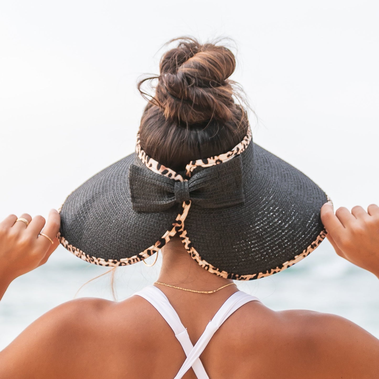 100% Breathable Straw Leopard Trim Foldable Wide Brim Bow Visor | One Size