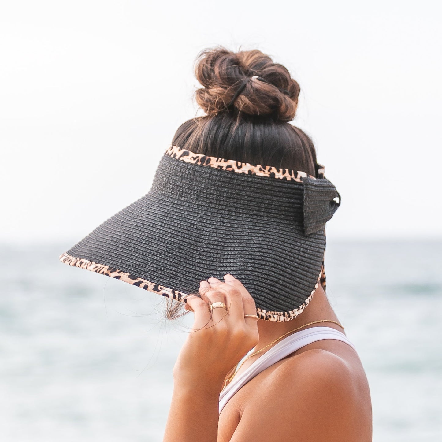 100% Breathable Straw Leopard Trim Foldable Wide Brim Bow Visor | One Size
