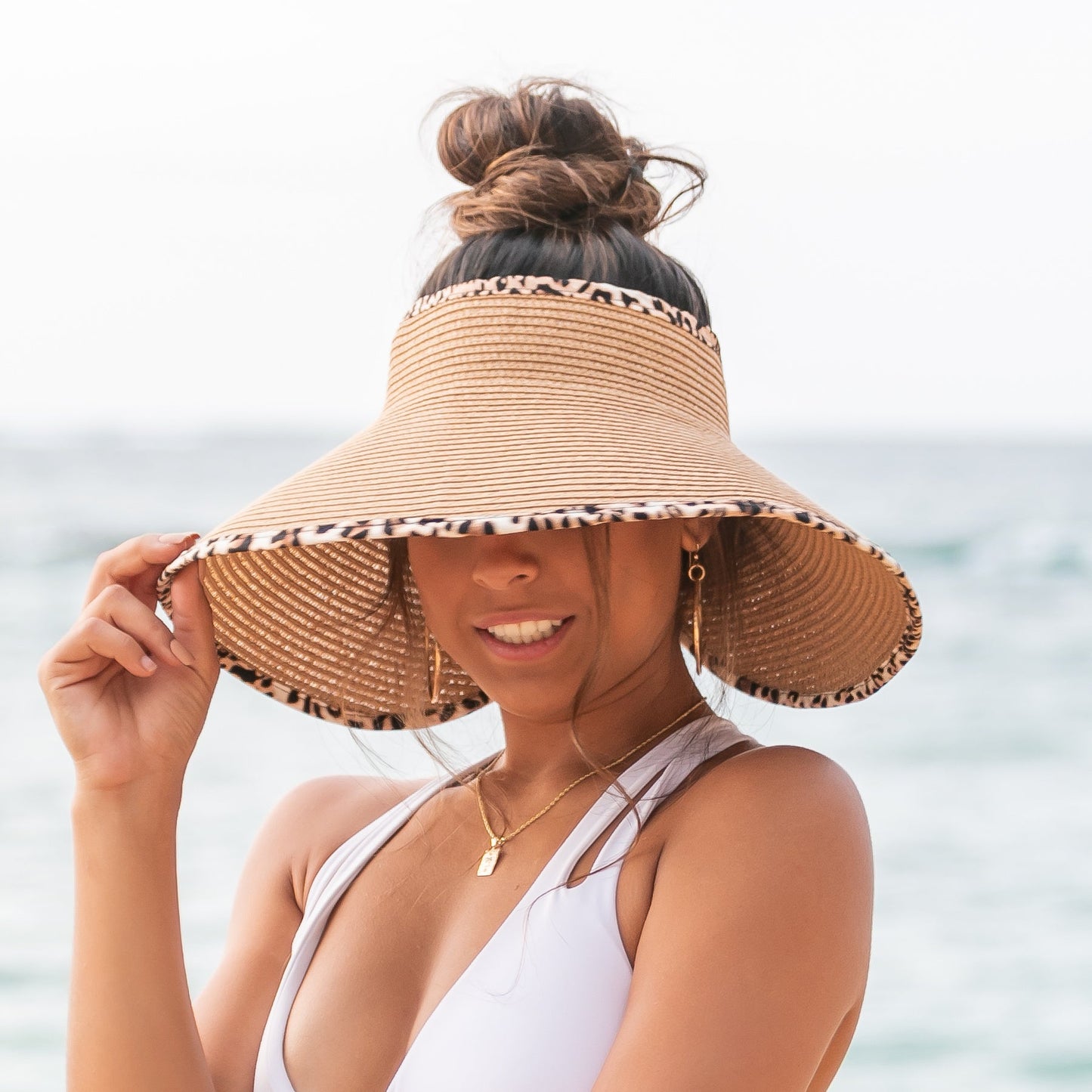 100% Breathable Straw Leopard Trim Foldable Wide Brim Bow Visor | One Size