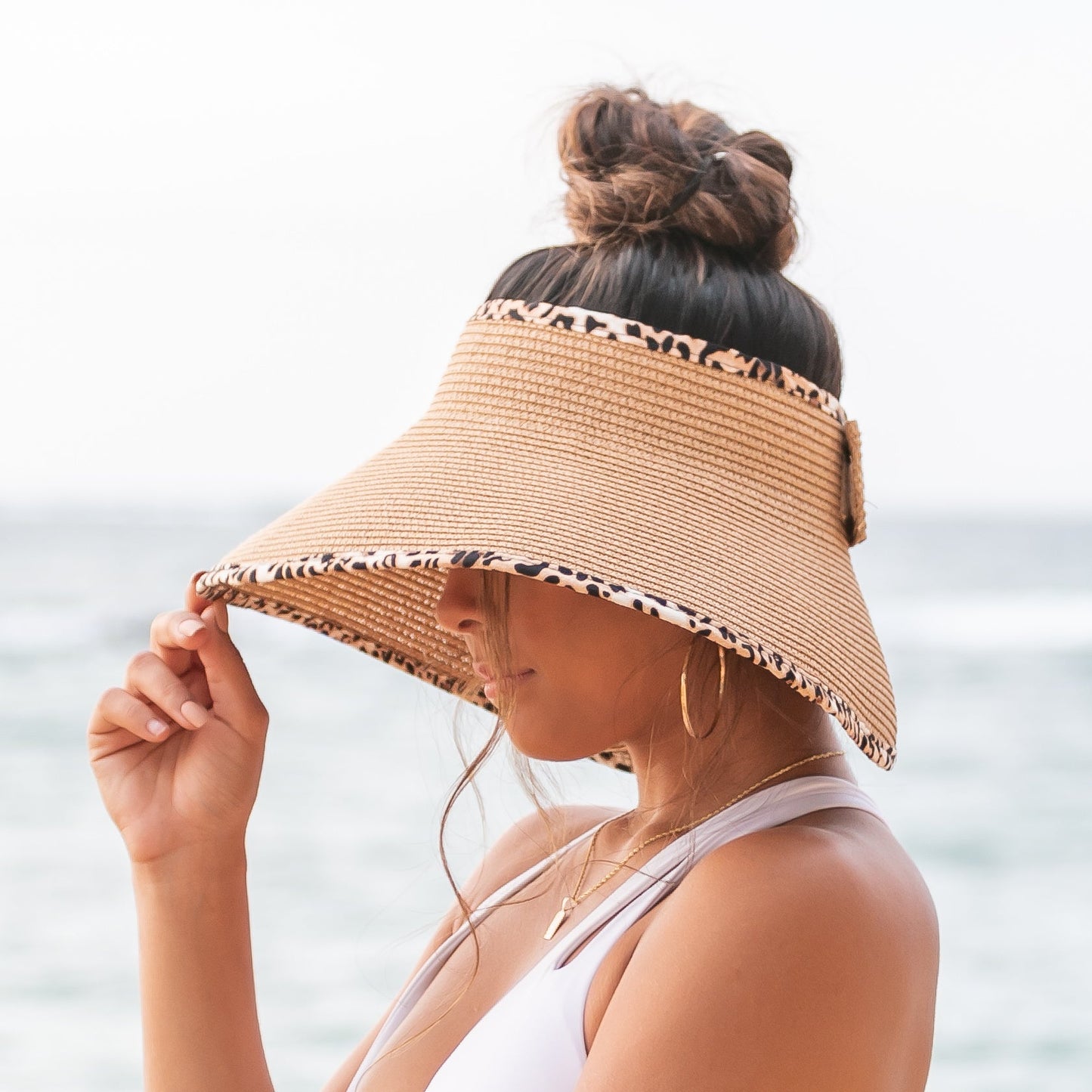 100% Breathable Straw Leopard Trim Foldable Wide Brim Bow Visor | One Size