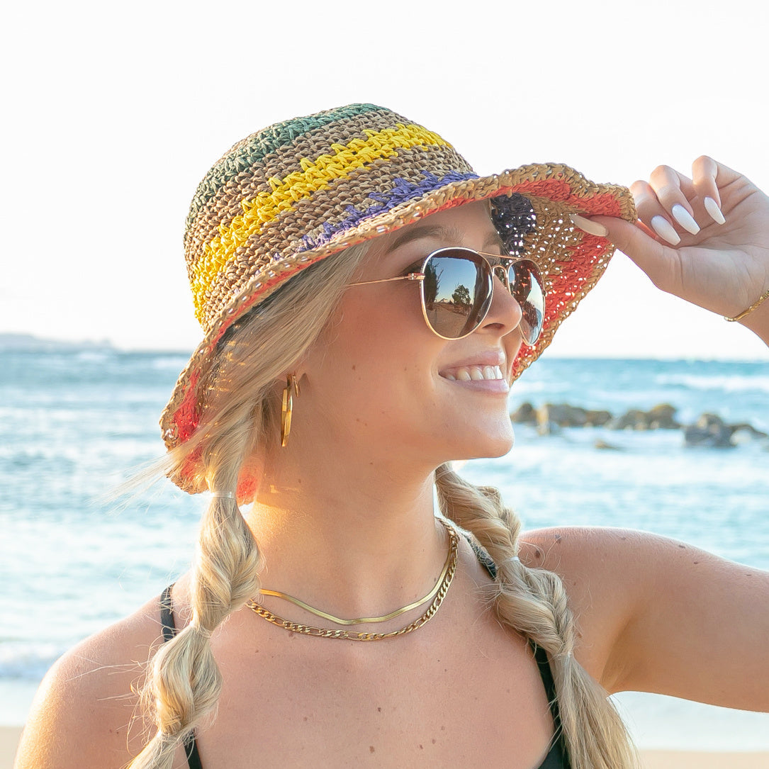 100% Woven Straw Rainbow Detail Bucket Sun Hat | One Size