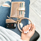 Gold Hardware Clear ID Slot Card Wallet Button Snap Tassel Key Ring Bracelet | 4.5" x 4"