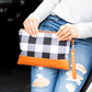 Cotton Buffalo Plaid PU Leather Trim Removable Wristlet Zip Pocket Clutch | 7.5" x 10.5"