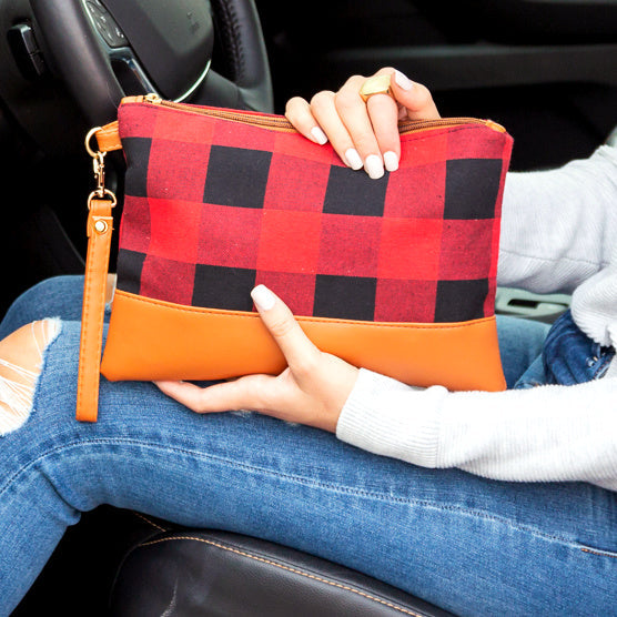 Cotton Buffalo Plaid PU Leather Trim Removable Wristlet Zip Pocket Clutch | 7.5" x 10.5"