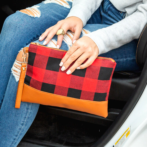 Cotton Buffalo Plaid PU Leather Trim Removable Wristlet Zip Pocket Clutch | 7.5" x 10.5"