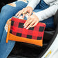 Cotton Buffalo Plaid PU Leather Trim Removable Wristlet Zip Pocket Clutch | 7.5" x 10.5"