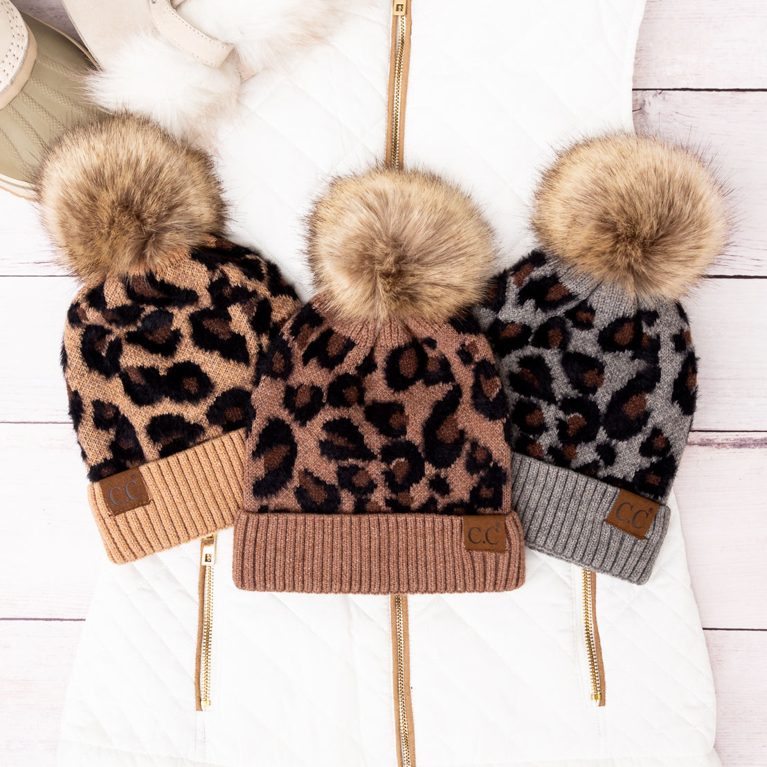 C.C® 100% Premium Acrylic Cashmere-Like Leopard Print Faux Fur Pom Beanie | One Size Teen–Adult
