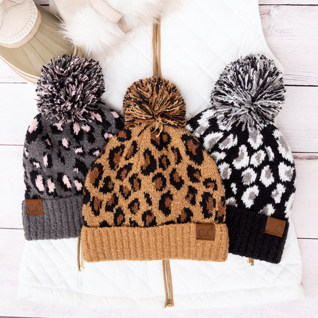 C.C® 100% Soft Acrylic Thick Knit Leopard Print Yarn Pom Beanie | One Size Teen–Adult