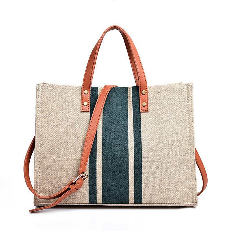 Canvas PU Leather Cotton Lined Stripe Gold Grommet Convertible Tote Bag