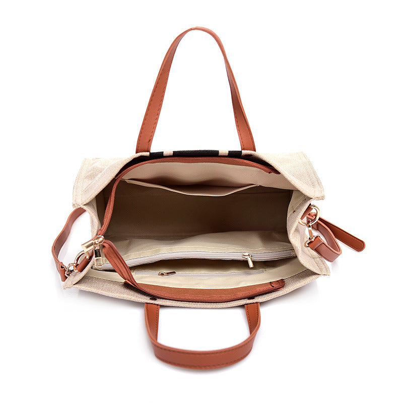 Canvas PU Leather Cotton Lined Stripe Gold Grommet Convertible Tote Bag