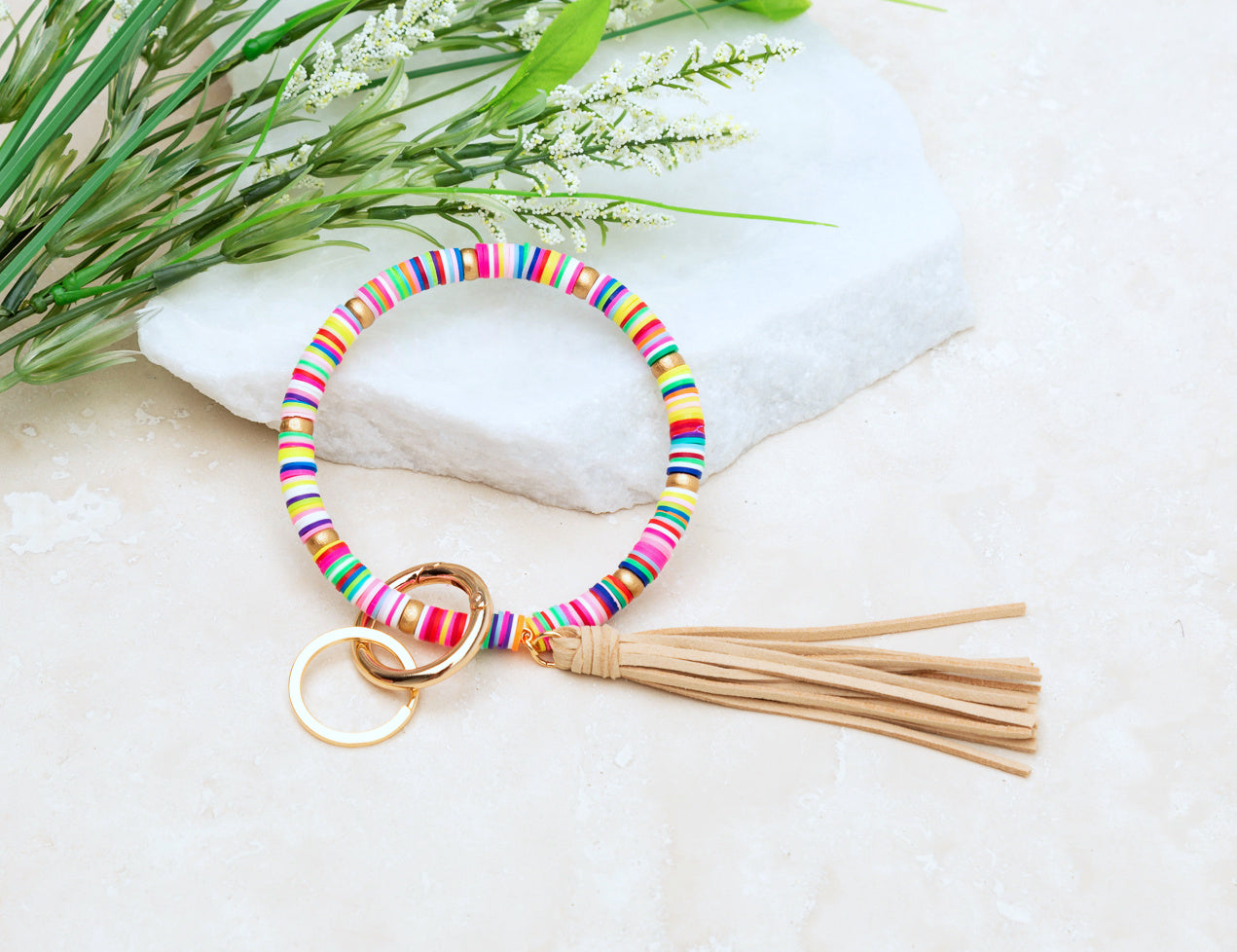 Reinforced Beaded Suede Tassel Gold Wood Accent Bead Boho Key Ring Bracelet | 4"