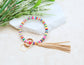 Reinforced Beaded Suede Tassel Gold Wood Accent Bead Boho Key Ring Bracelet | 4"