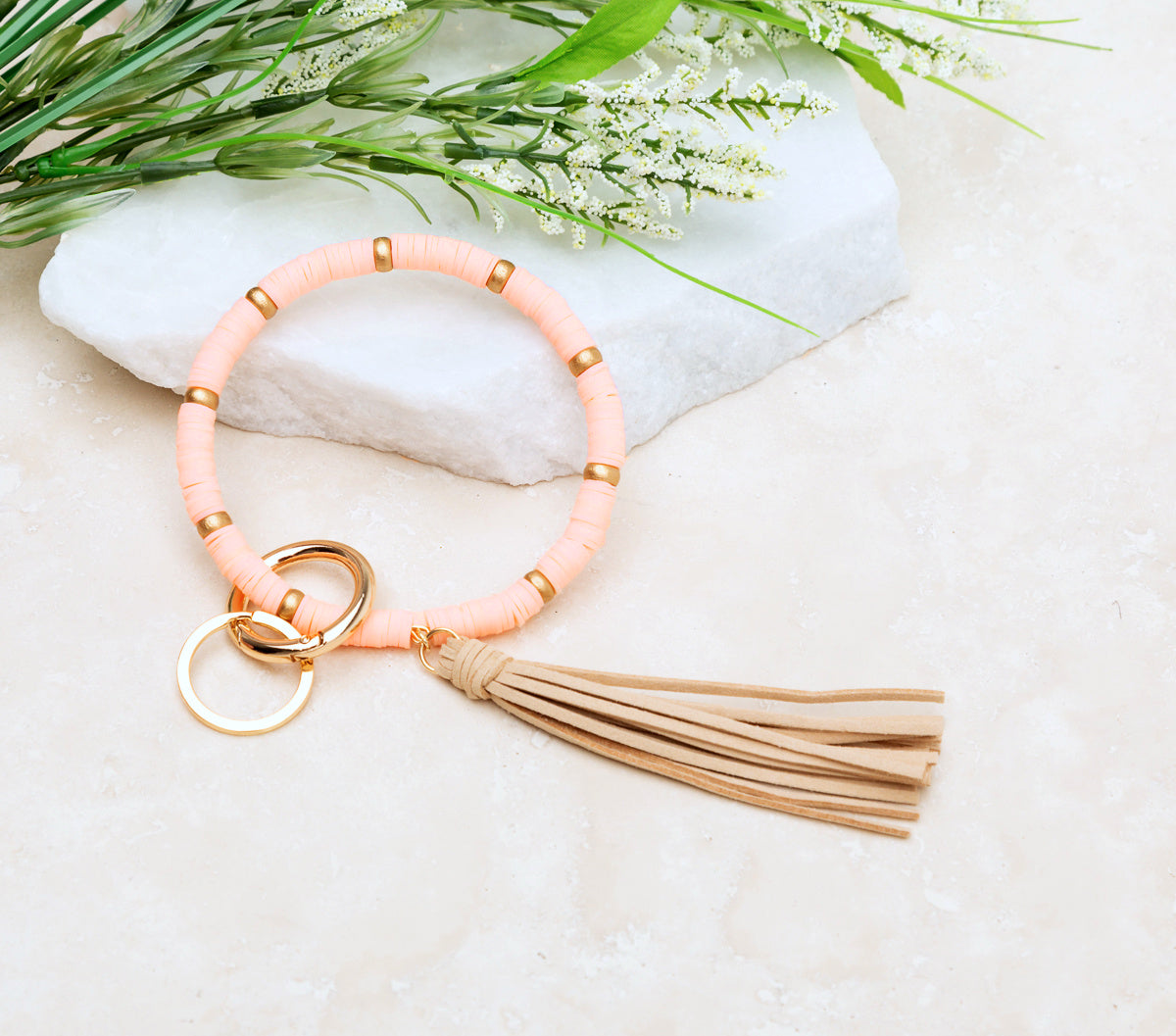 Reinforced Beaded Suede Tassel Gold Wood Accent Bead Boho Key Ring Bracelet | 4"