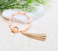 Reinforced Beaded Suede Tassel Gold Wood Accent Bead Boho Key Ring Bracelet | 4"