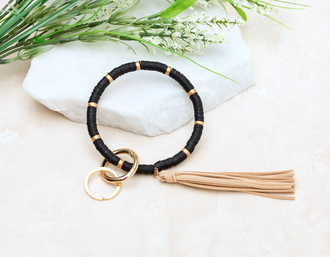 Reinforced Beaded Suede Tassel Gold Wood Accent Bead Boho Key Ring Bracelet | 4"