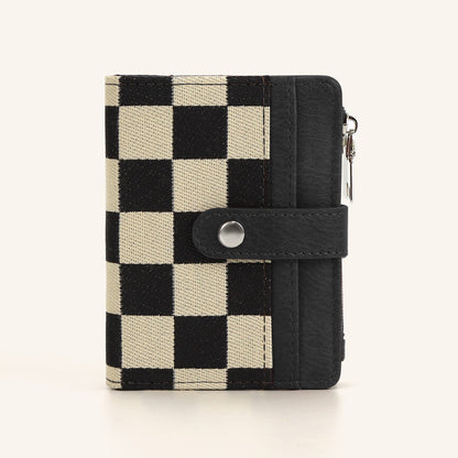 Wilma Mixed Media Vegan Leather & Canvas Check Fold-Over Wallet with Card Slots & Coin Pouch | Black Check, Cognac Check