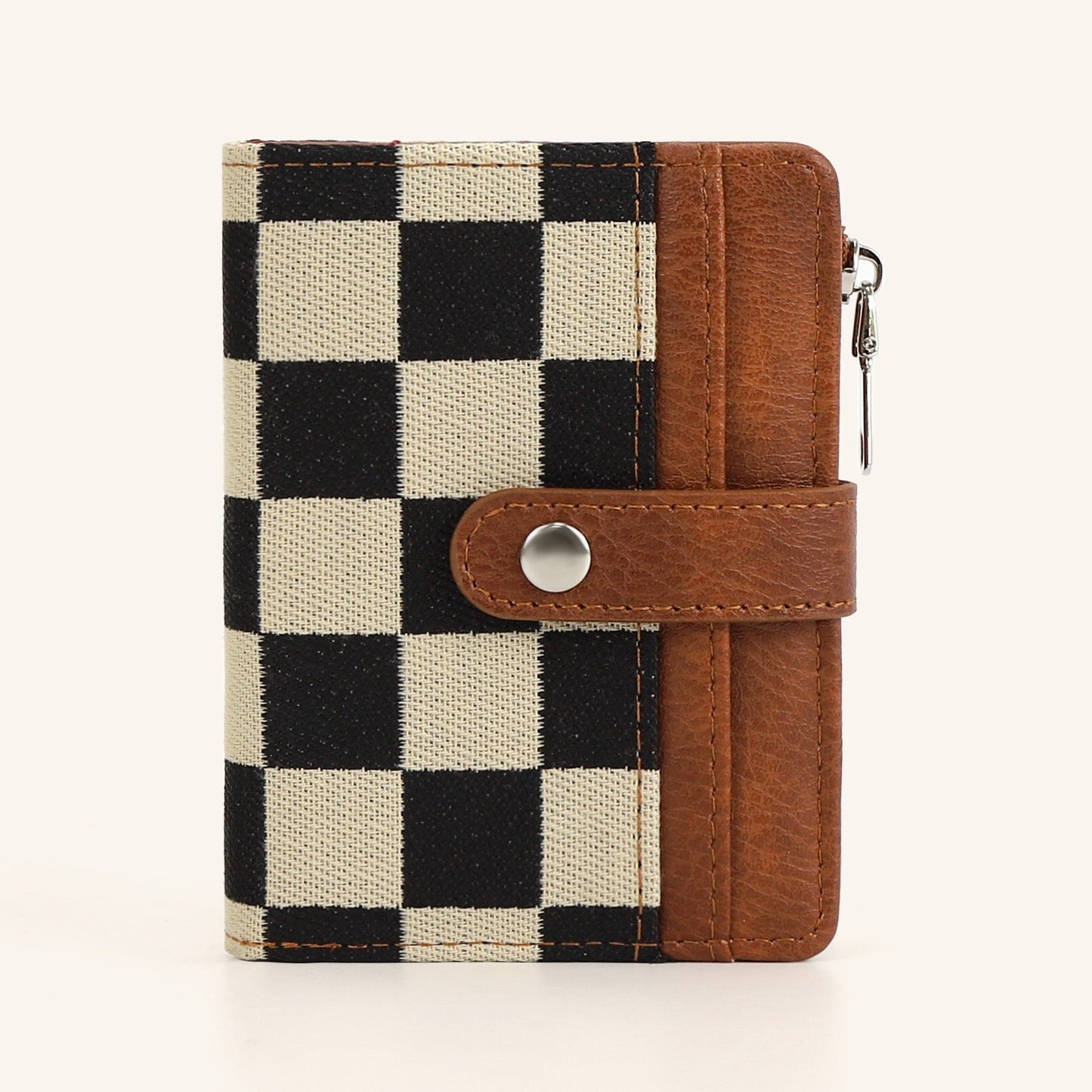 Wilma Mixed Media Vegan Leather & Canvas Check Fold-Over Wallet with Card Slots & Coin Pouch | Black Check, Cognac Check