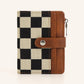 Wilma Mixed Media Vegan Leather & Canvas Check Fold-Over Wallet with Card Slots & Coin Pouch | Black Check, Cognac Check