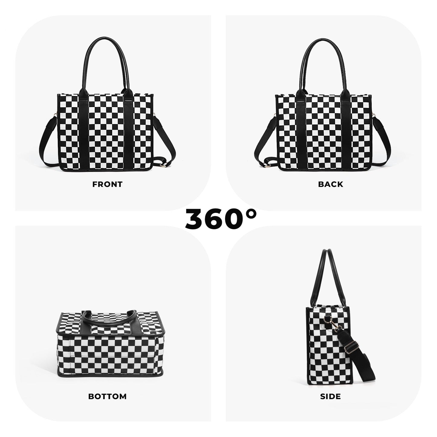 Aili's Corner Dallas Checkered Nylon Tote Bag with PU Leather Handles & Removable Crossbody Strap | Almond Check, Black/White Check