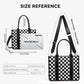 Aili's Corner Dallas Checkered Nylon Tote Bag with PU Leather Handles & Removable Crossbody Strap | Almond Check, Black/White Check