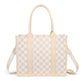 Aili's Corner Dallas Checkered Nylon Tote Bag with PU Leather Handles & Removable Crossbody Strap | Almond Check, Black/White Check
