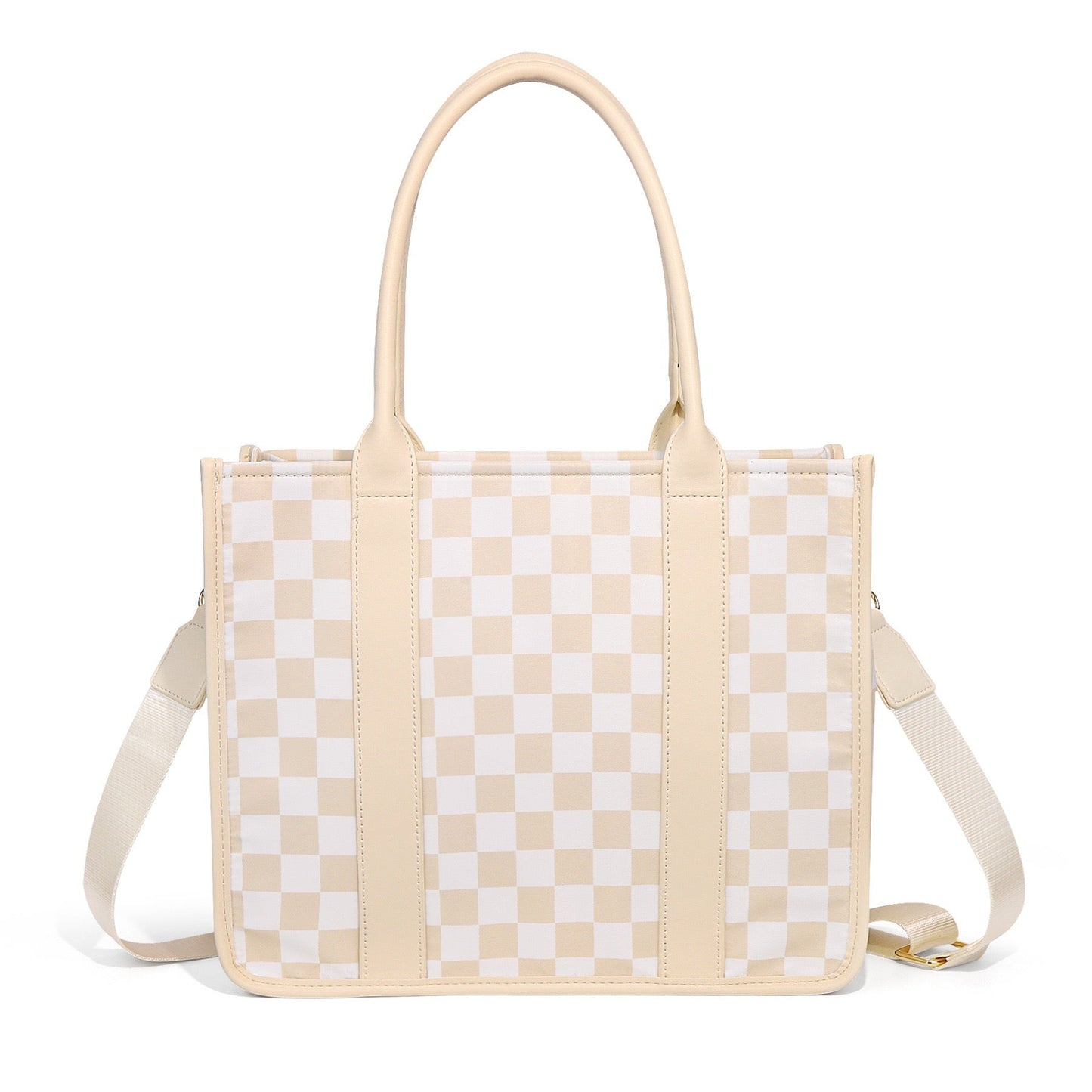 Aili's Corner Dallas Checkered Nylon Tote Bag with PU Leather Handles & Removable Crossbody Strap | Almond Check, Black/White Check