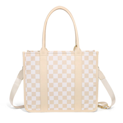 Aili's Corner Dallas Checkered Nylon Tote Bag with PU Leather Handles & Removable Crossbody Strap | Almond Check, Black/White Check