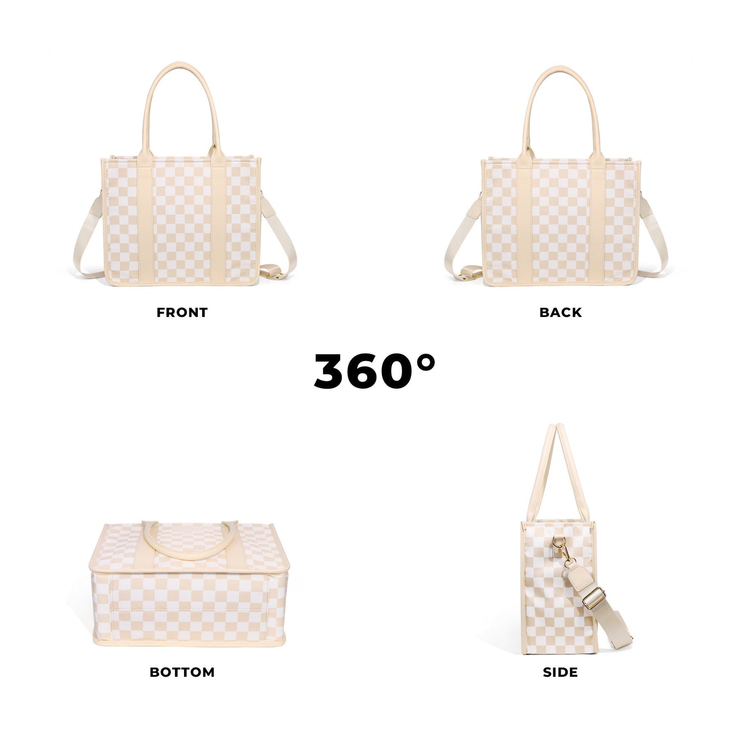 Aili's Corner Dallas Checkered Nylon Tote Bag with PU Leather Handles & Removable Crossbody Strap | Almond Check, Black/White Check