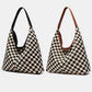 Celine Mixed Media Checkered Canvas & PU Leather Hobo Bag with Structured Bottom | Black Check, Cognac Check