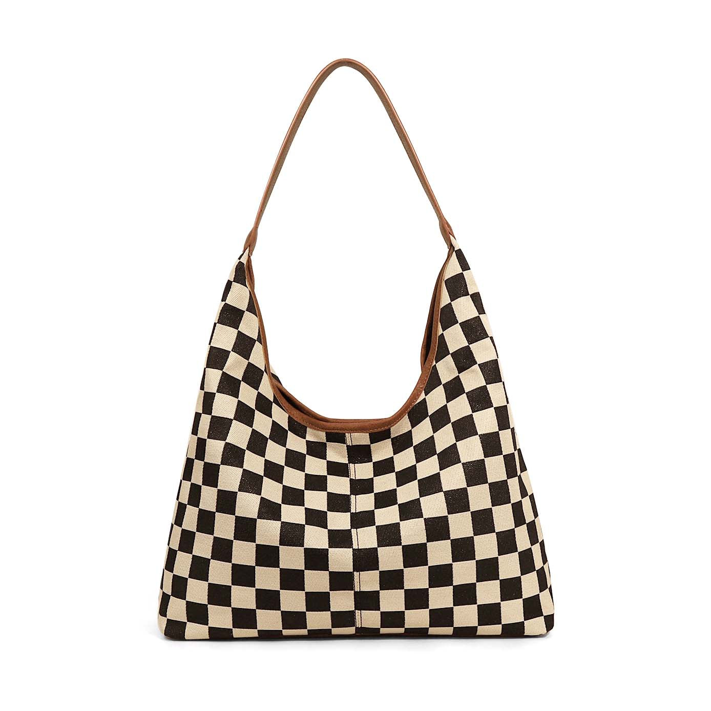 Celine Mixed Media Checkered Canvas & PU Leather Hobo Bag with Structured Bottom | Black Check, Cognac Check