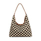 Celine Mixed Media Checkered Canvas & PU Leather Hobo Bag with Structured Bottom | Black Check, Cognac Check
