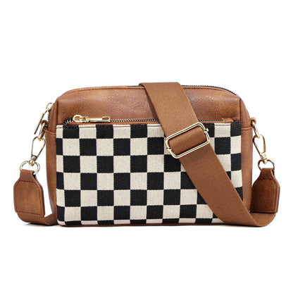 Polyester Canvas PU Leather Trim Gold Hardware Jessie Mixed Media Camera Crossbody Bag | 6" x 8.25"