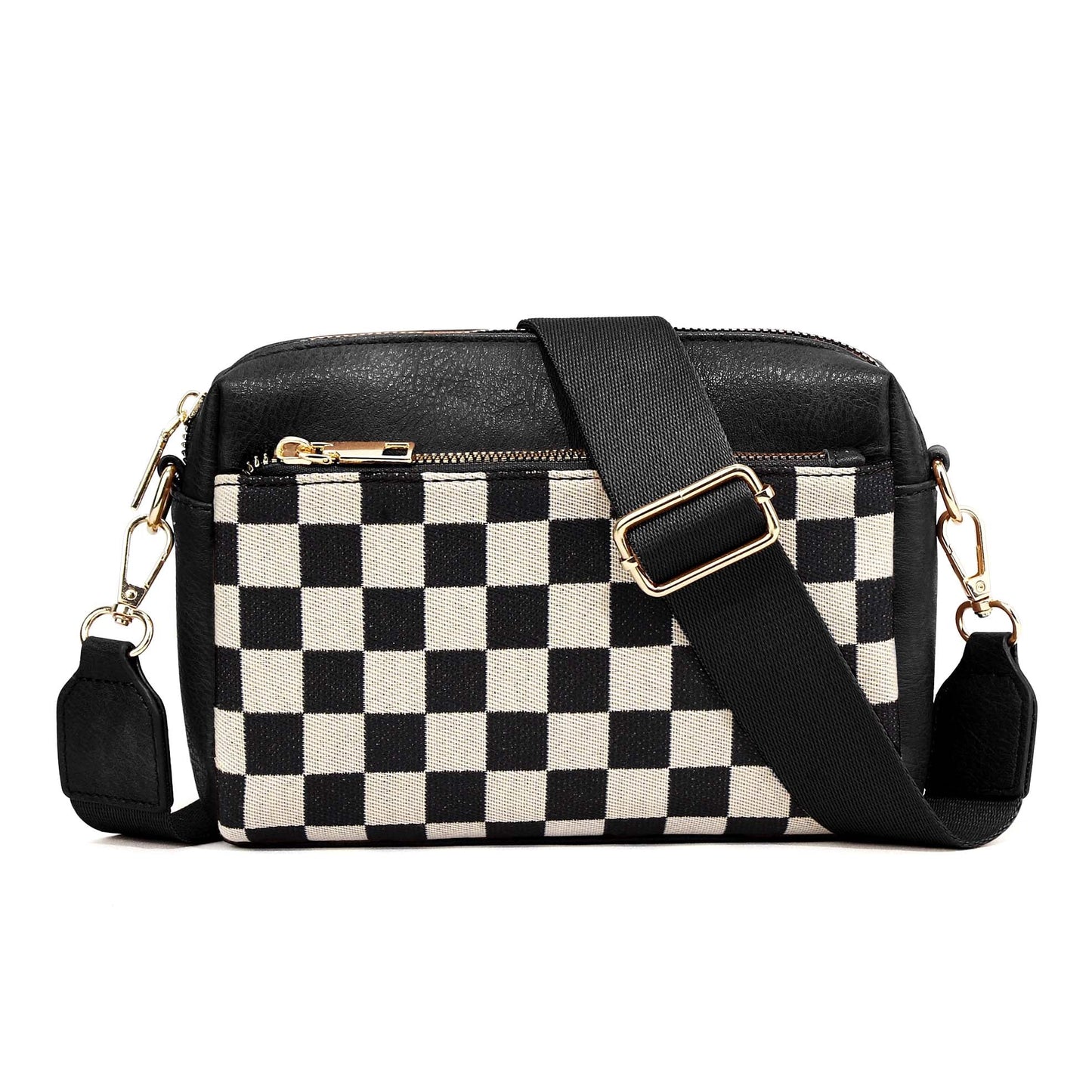 Polyester Canvas PU Leather Trim Gold Hardware Jessie Mixed Media Camera Crossbody Bag | 6" x 8.25"