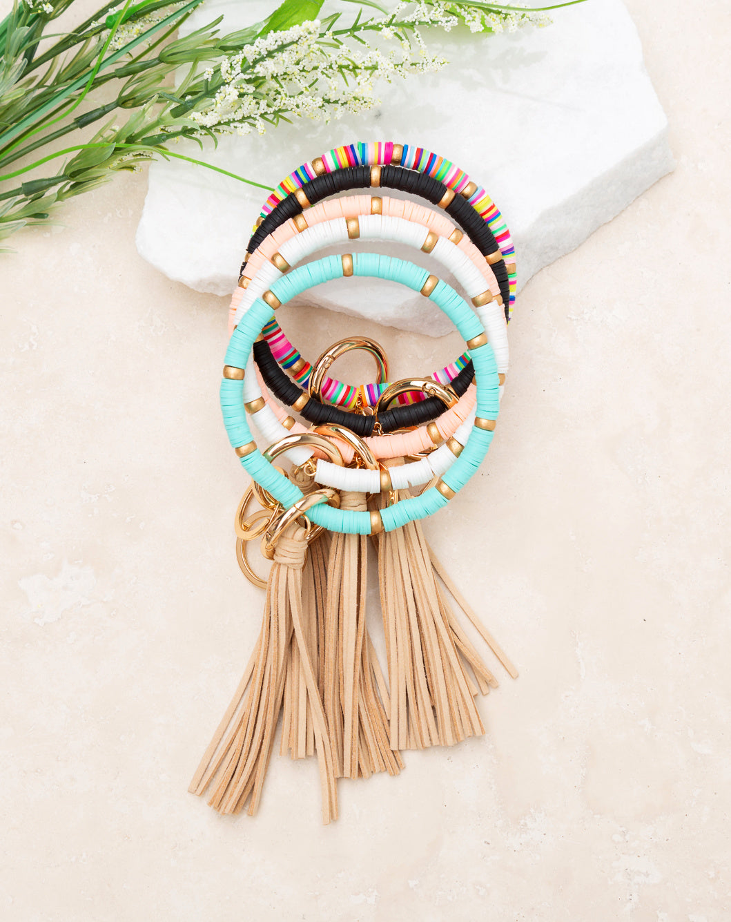 Reinforced Beaded Suede Tassel Gold Wood Accent Bead Boho Key Ring Bracelet | 4"