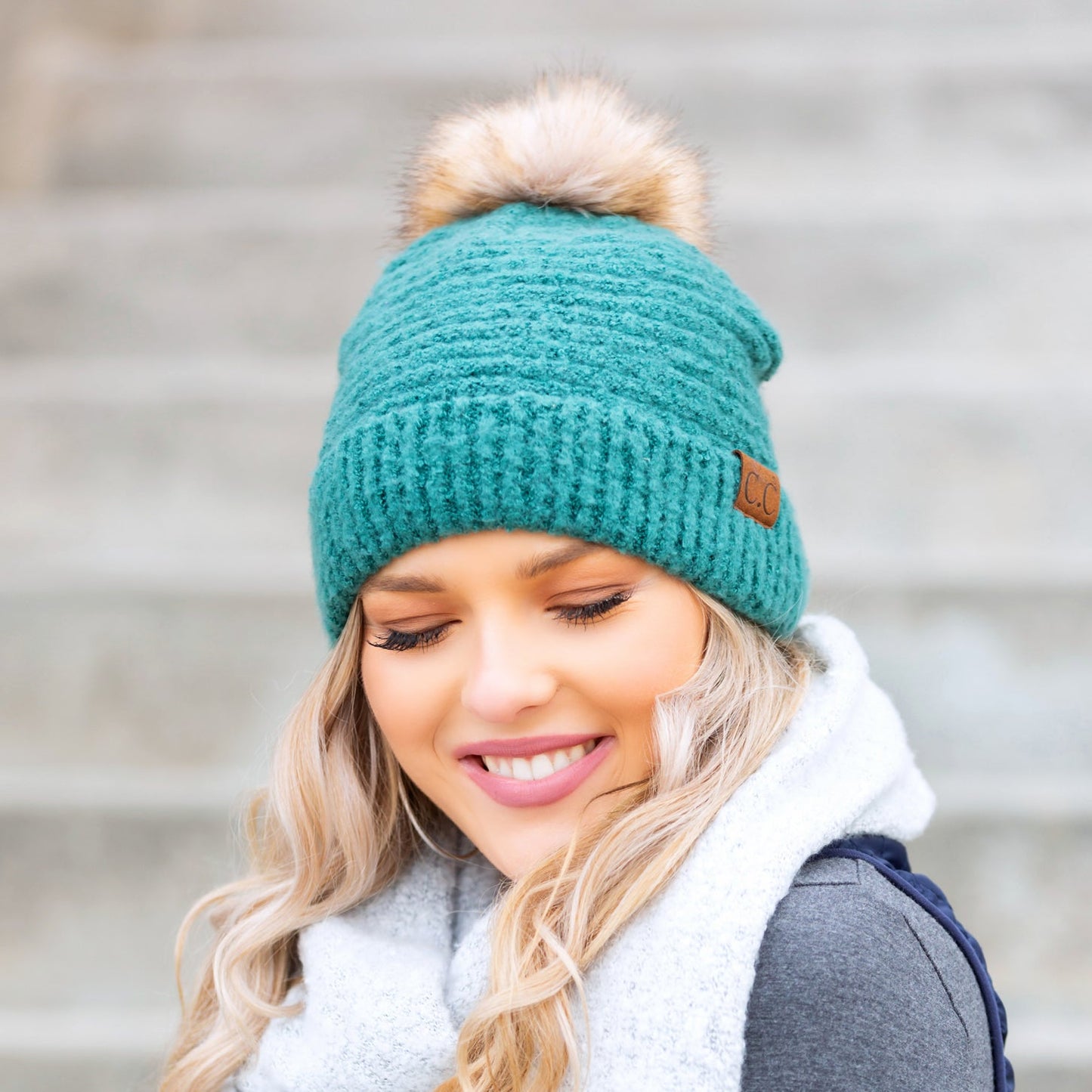 C.C® 100% Polyester Boucle Ultra Soft Faux Fur Pom Beanie | One Size
