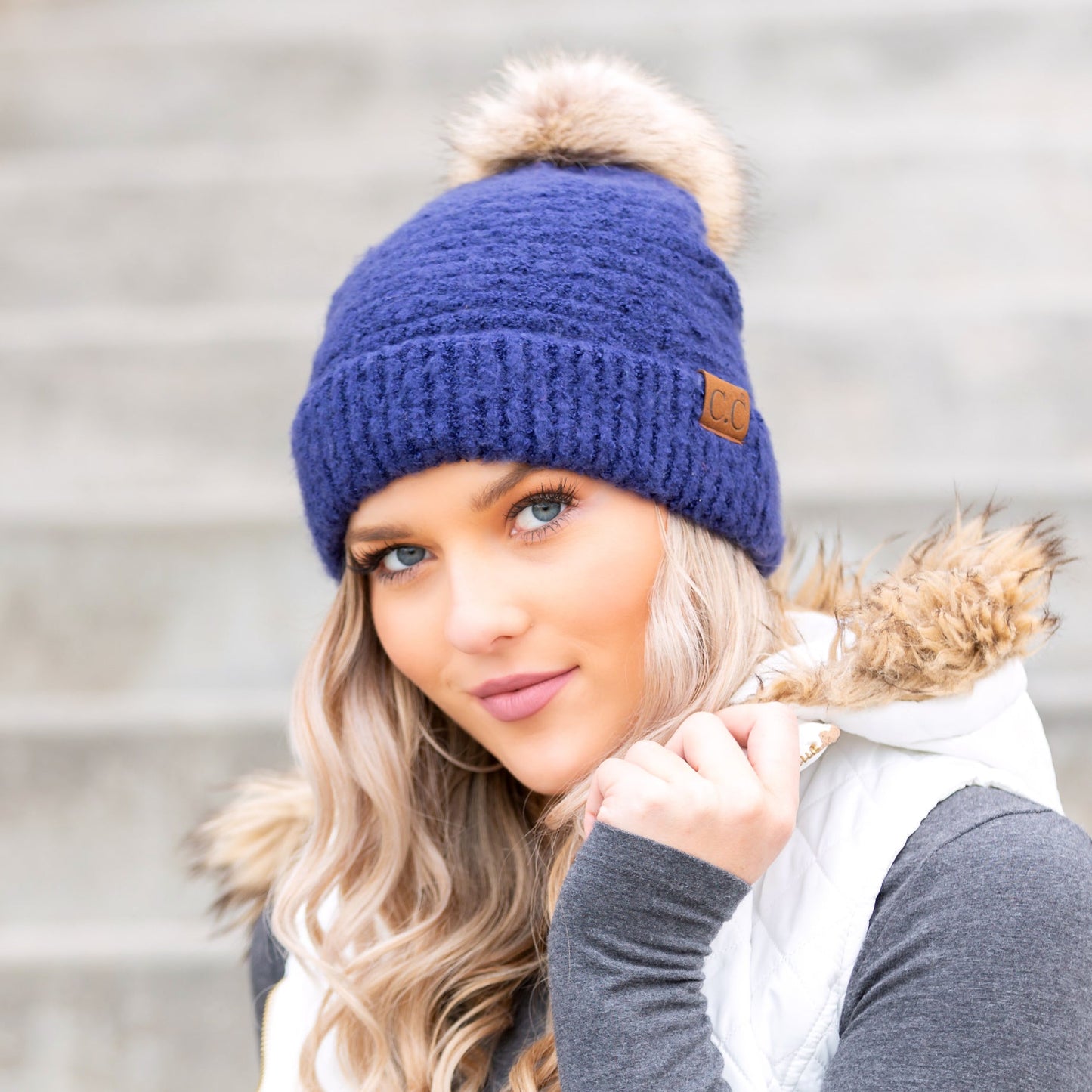 C.C® 100% Polyester Boucle Ultra Soft Faux Fur Pom Beanie | One Size