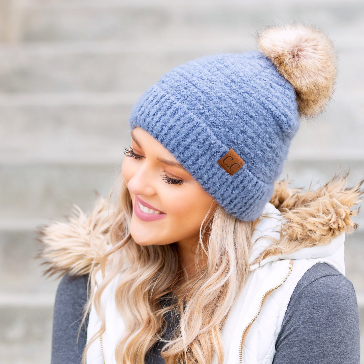 C.C® 100% Polyester Boucle Ultra Soft Faux Fur Pom Beanie | One Size