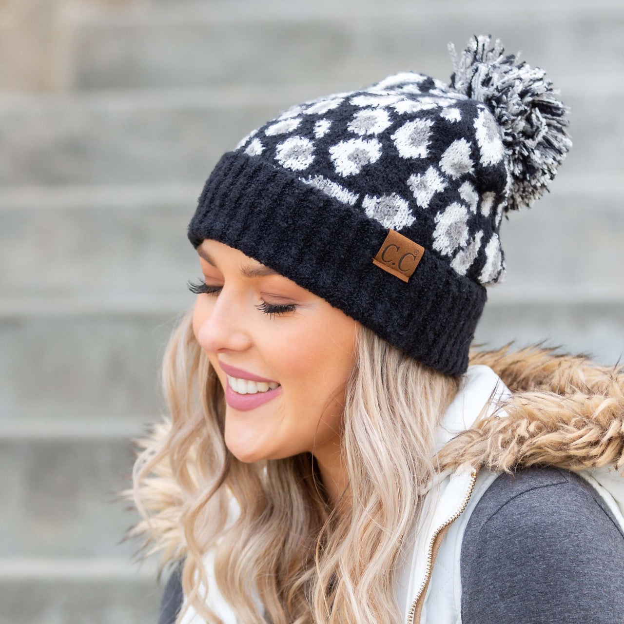 C.C® 100% Soft Acrylic Thick Knit Leopard Print Yarn Pom Beanie | One Size Teen–Adult
