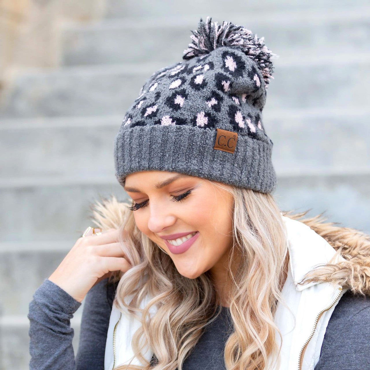 C.C® 100% Soft Acrylic Thick Knit Leopard Print Yarn Pom Beanie | One Size Teen–Adult