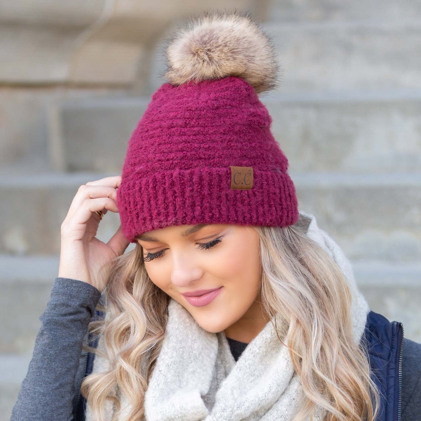 C.C® 100% Polyester Boucle Ultra Soft Faux Fur Pom Beanie | One Size
