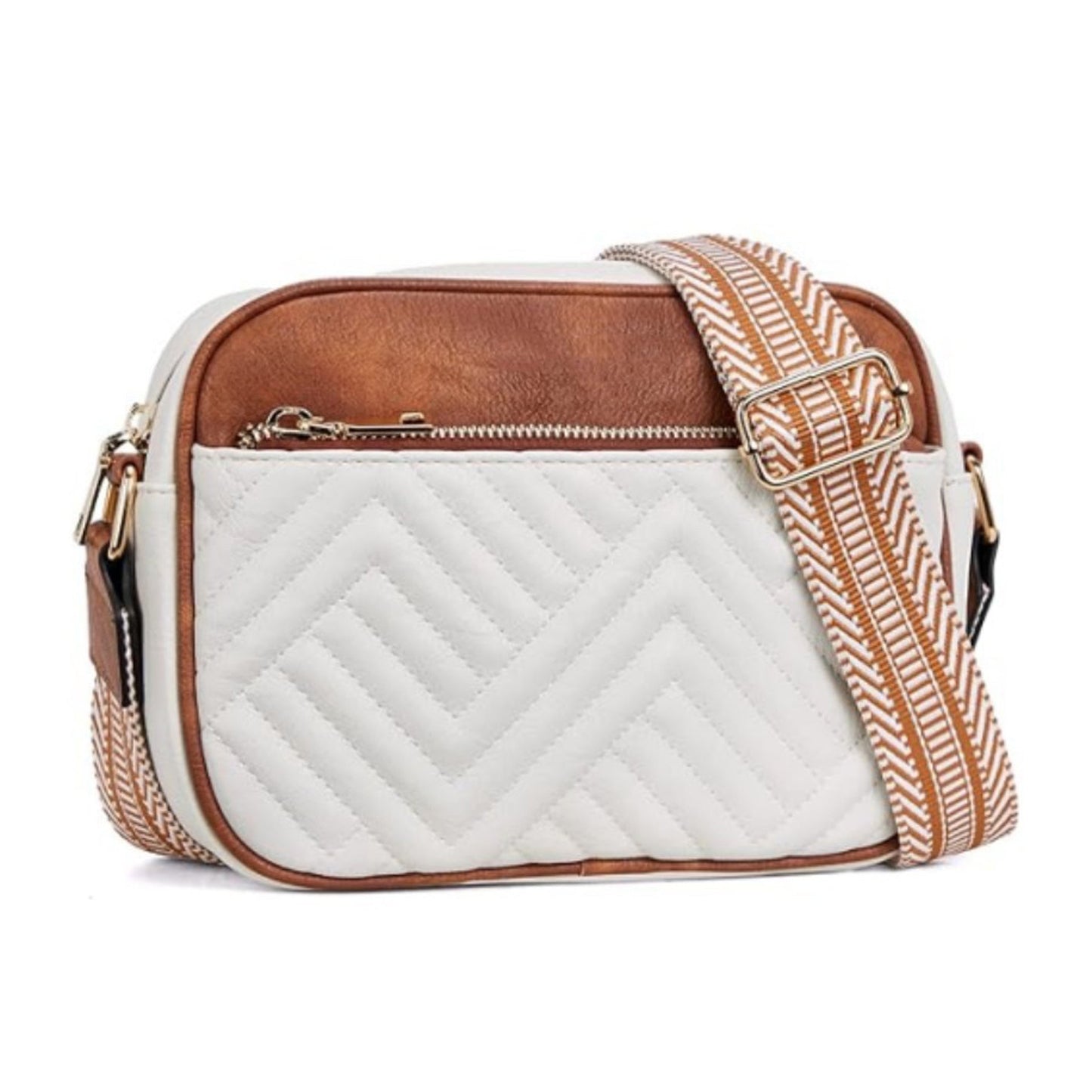 Everly Soft PU Vegan Leather Camera Crossbody Bag with Guitar Strap & Multiple Pockets | Black, Black/Cognac, Cognac, White/Cognac