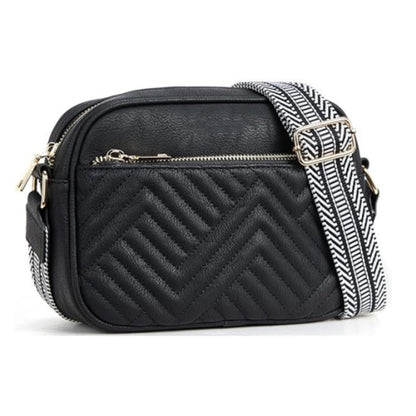 Everly Soft PU Vegan Leather Camera Crossbody Bag with Guitar Strap & Multiple Pockets | Black, Black/Cognac, Cognac, White/Cognac