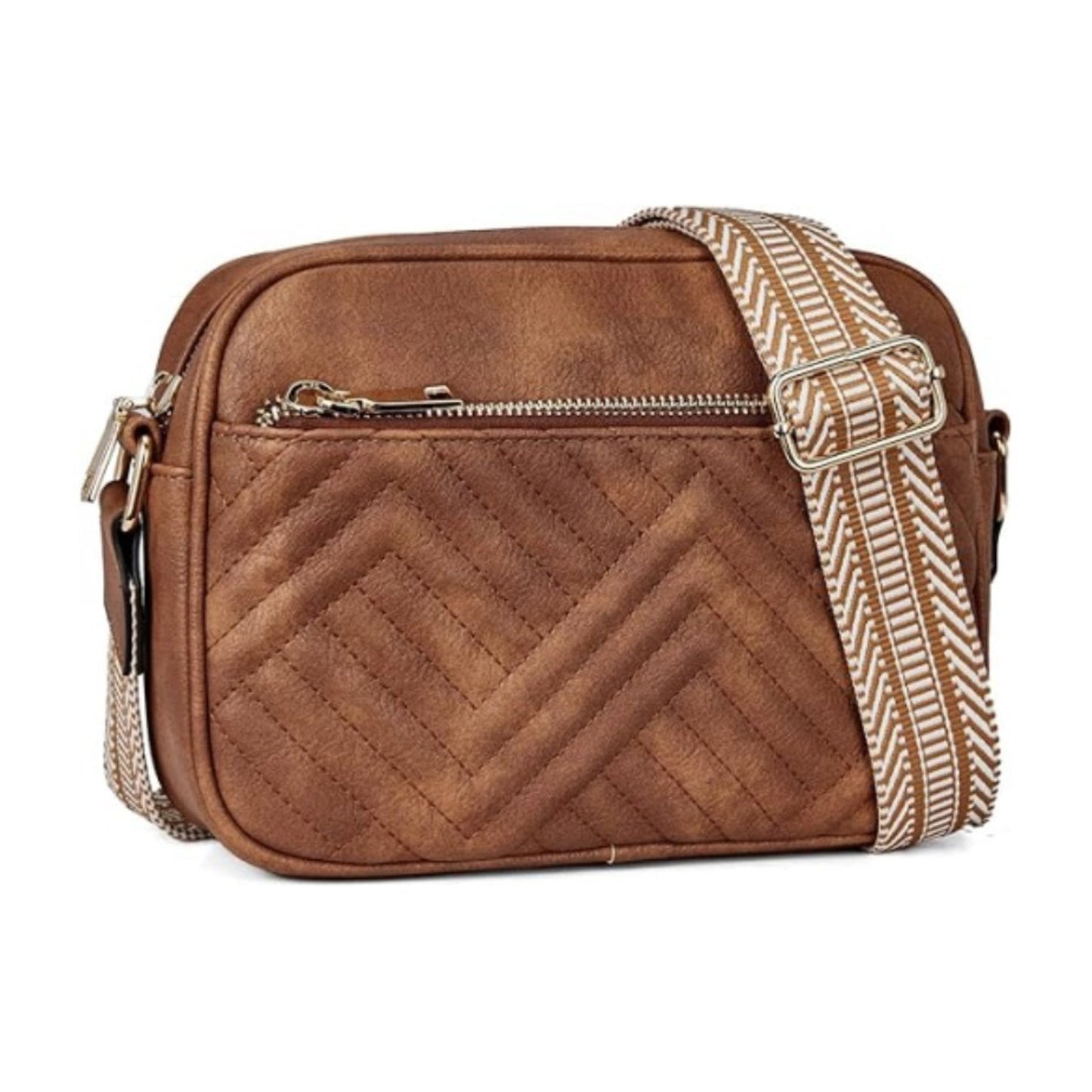 Everly Soft PU Vegan Leather Camera Crossbody Bag with Guitar Strap & Multiple Pockets | Black, Black/Cognac, Cognac, White/Cognac