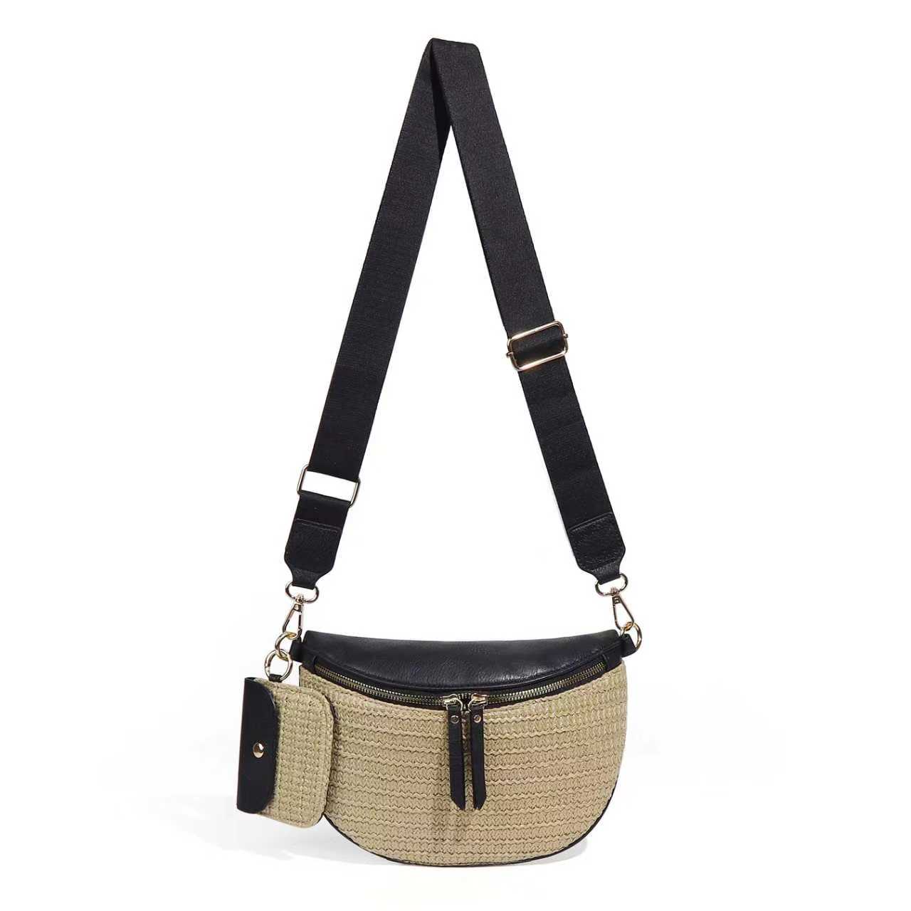 Woven Polyethylene Straw PU Vegan Leather Gold Hardware Valentina Mixed Media Sling Crossbody Bag | 9.85" x 6.85"