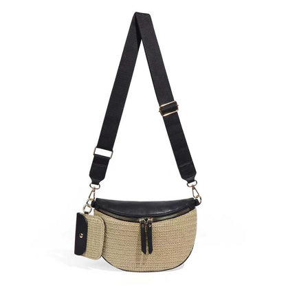 Woven Polyethylene Straw PU Vegan Leather Gold Hardware Valentina Mixed Media Sling Crossbody Bag | 9.85" x 6.85"