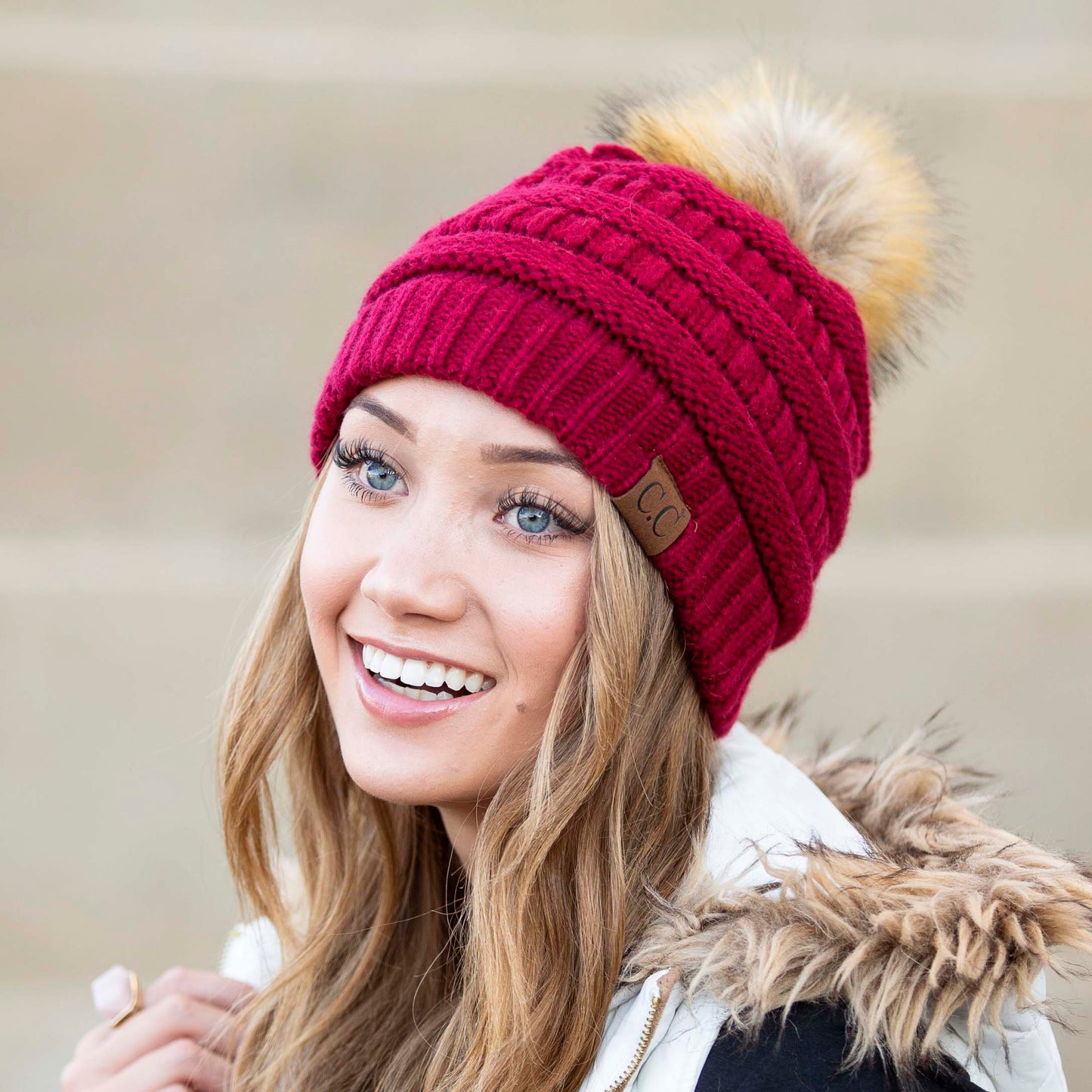 C.C® Soft Acrylic Knit Faux Fur Pom-Pom Beanie | One Size Child–Adult (Age 4+)