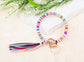 Reinforced Beaded Suede Tassel Gold Wood Accent Bead Boho Key Ring Bracelet | 4"