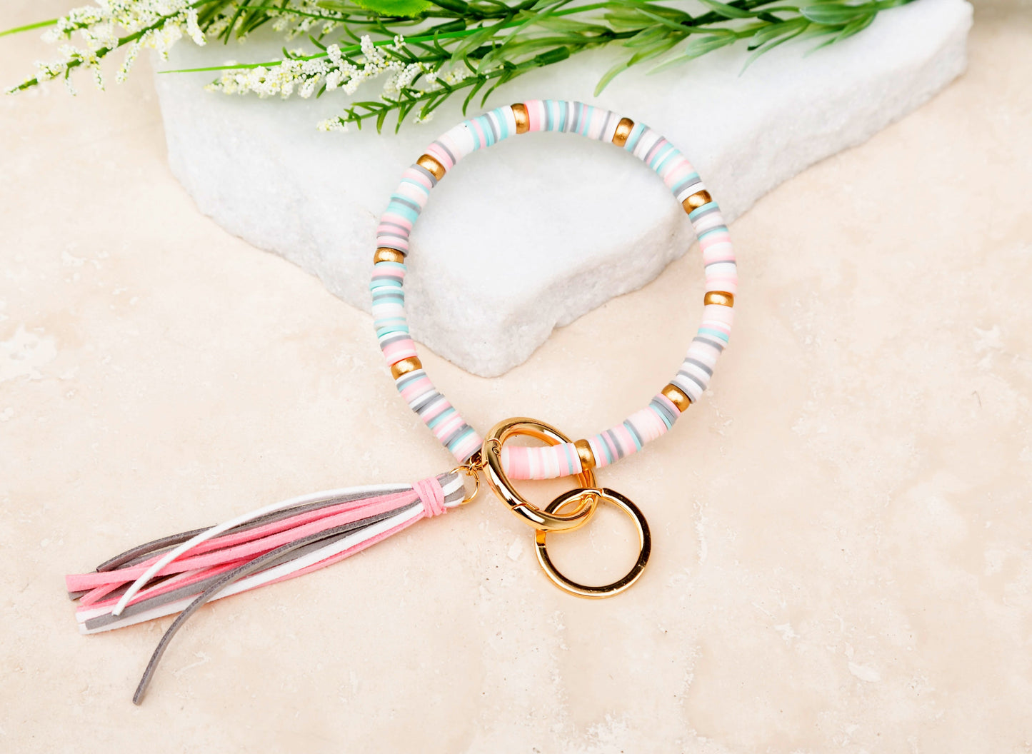 Reinforced Beaded Suede Tassel Gold Wood Accent Bead Boho Key Ring Bracelet | 4"