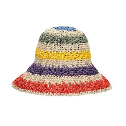100% Woven Straw Rainbow Detail Bucket Sun Hat | One Size