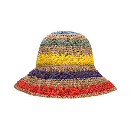 100% Woven Straw Rainbow Detail Bucket Sun Hat | One Size